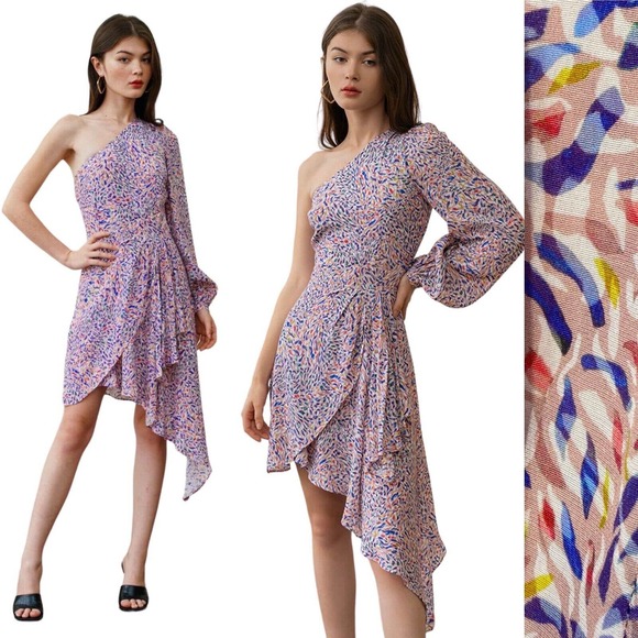 Yumi Kim Ellie Dress Cypress Mauve Asymmetrical One Shoulder Print Colorful Sz M - Picture 1 of 11